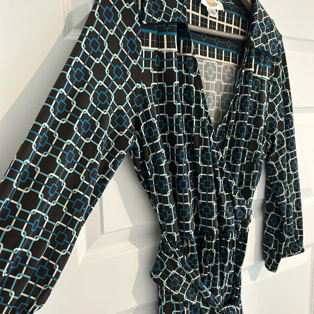 Talbots Wrap Dress Black Blue Geometric Print Size 12